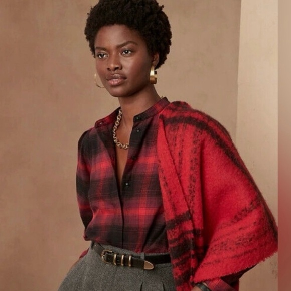 NWT Banana Republic Plaid Flannel Button Down Shirt Bishop Sleeves‎ Sz M - Picture 2 of 14